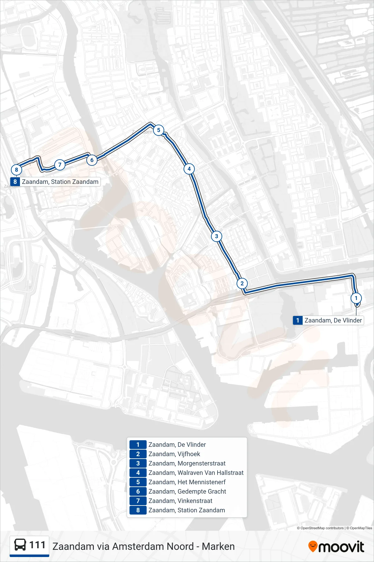111 bus Line (Zaandam Station) route and stops on a map
