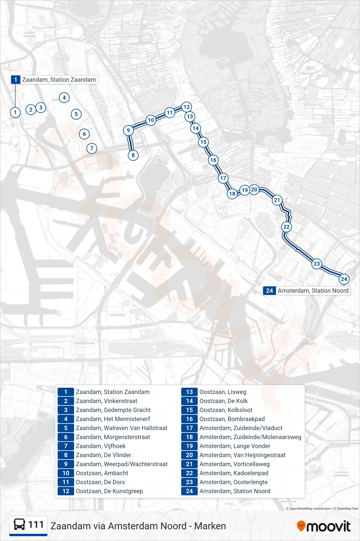 Lijn 111 (bus, Amsterdam Noord): route en haltes op de kaart