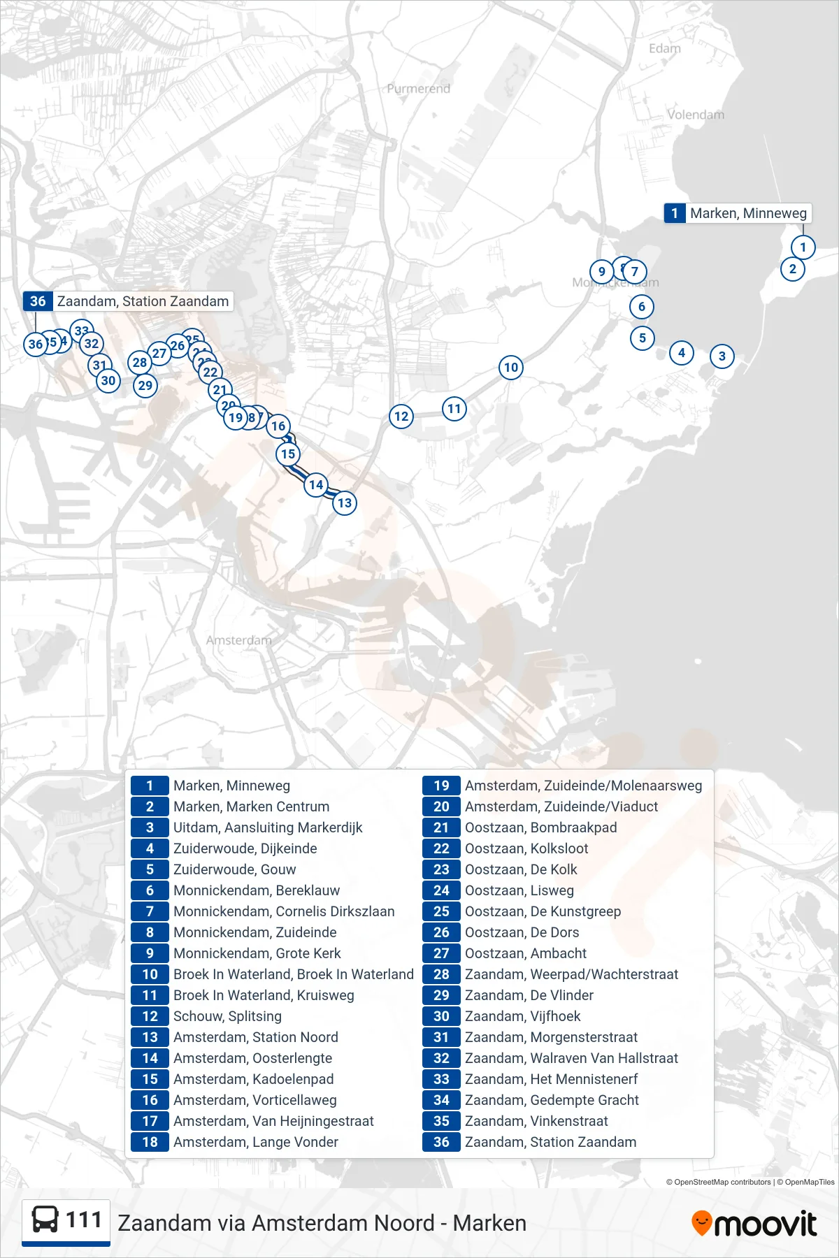 Lijn 111 (bus, Zaandam): route en haltes op de kaart
