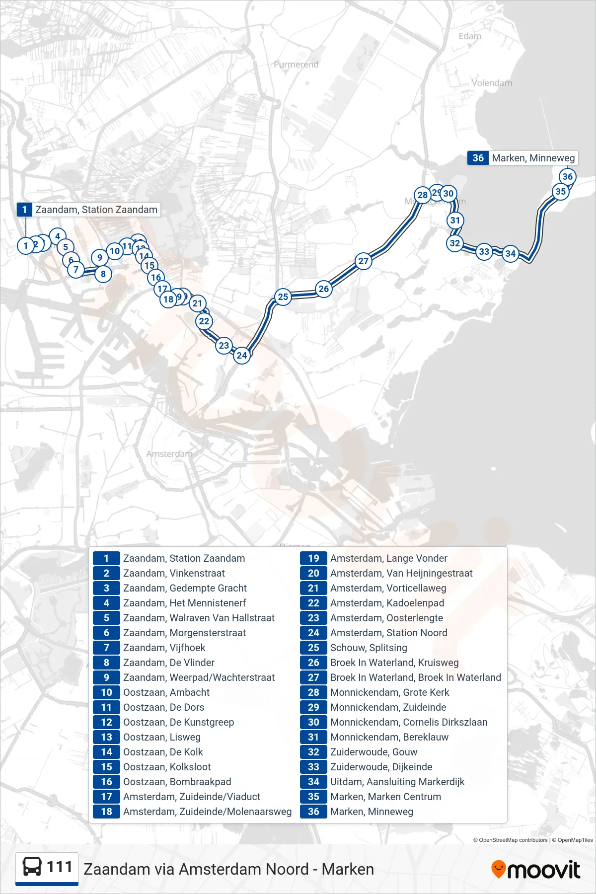 Lijn 111 (bus, Marken): route en haltes op de kaart