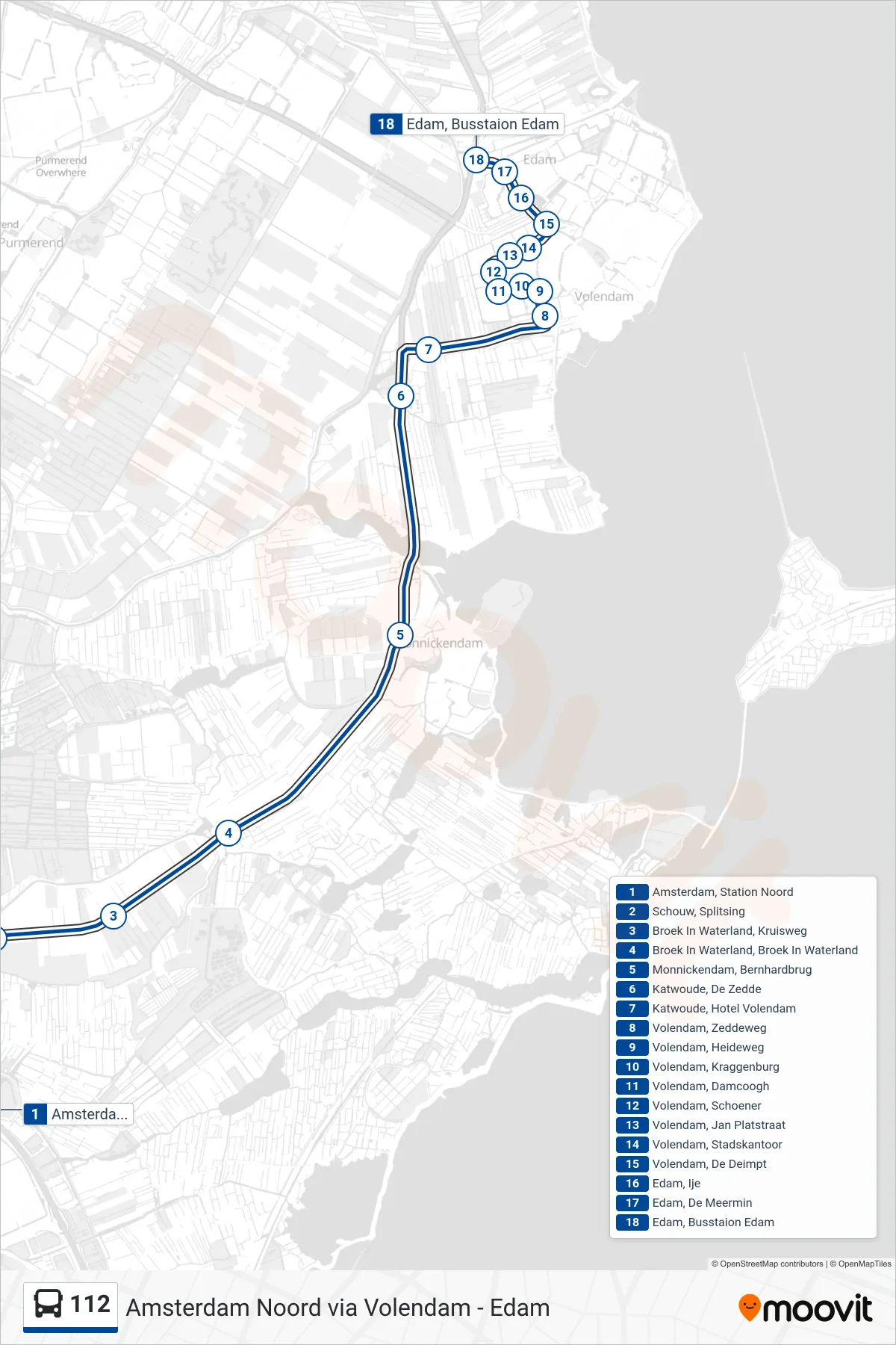 Lijn 112 (bus, Volendam-Edam): route en haltes op de kaart