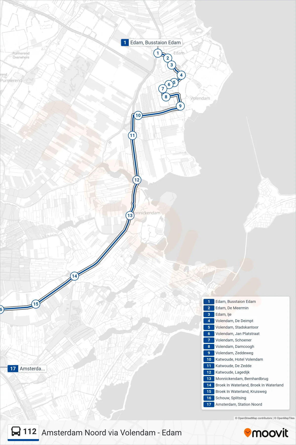 Lijn 112 (bus, Amsterdam Noord): route en haltes op de kaart