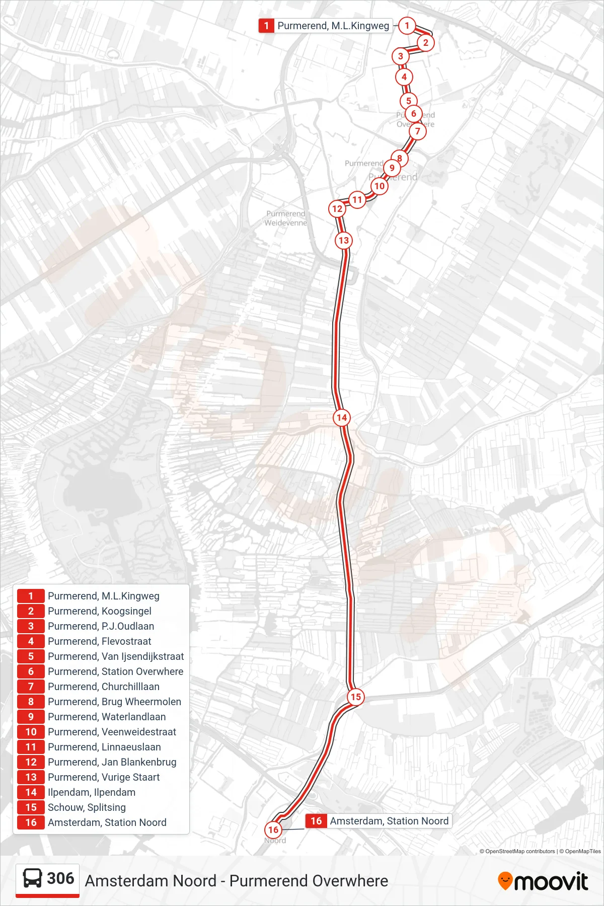 Lijn 306 (bus, Amsterdam Noord): route en haltes op de kaart