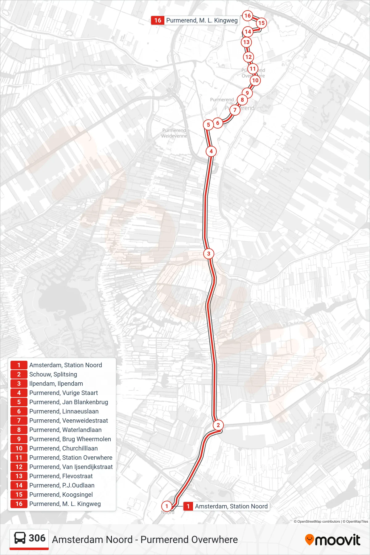 Lijn 306 (bus, Purmerend Overwhere): route en haltes op de kaart