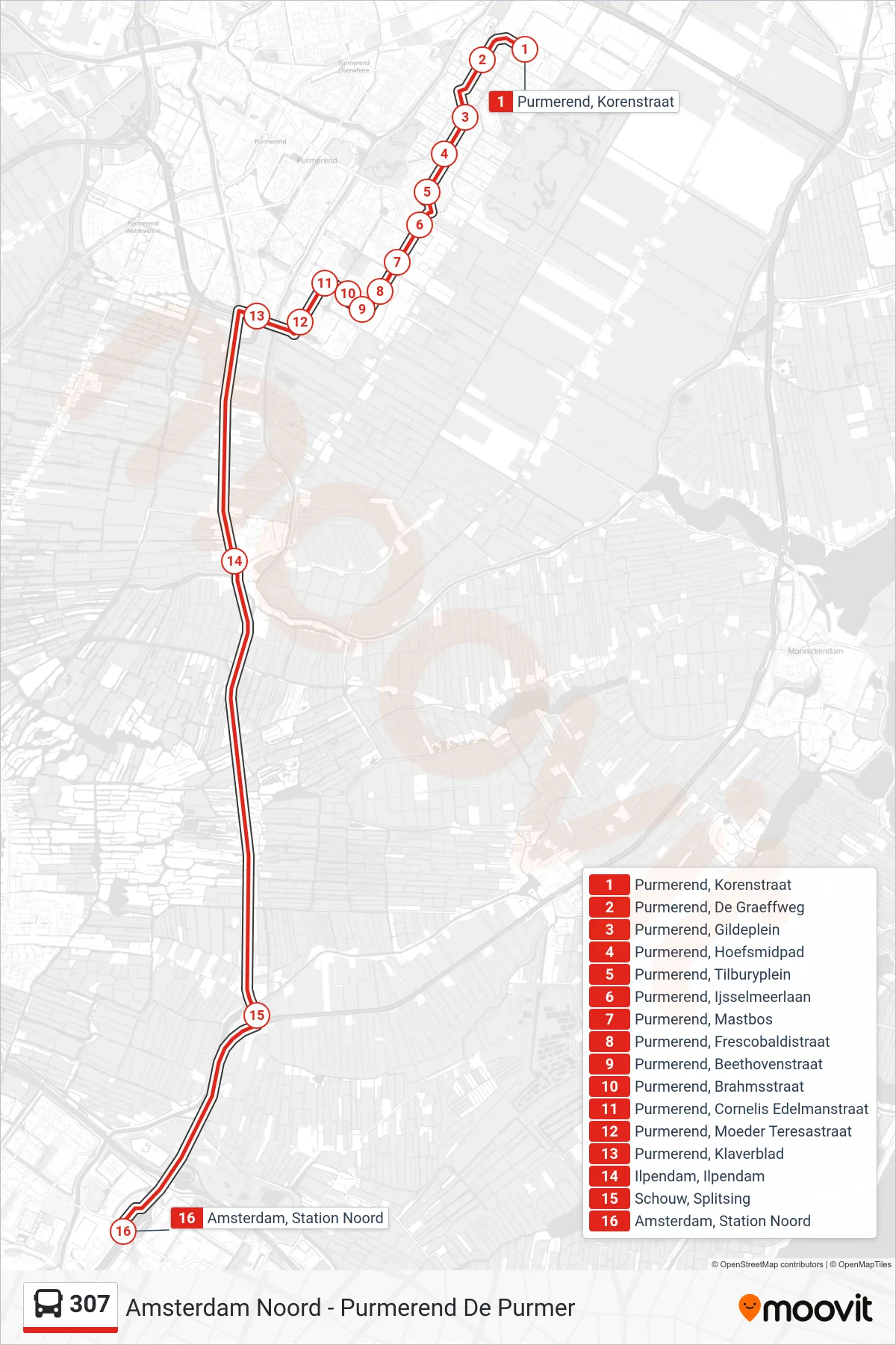 Lijn 307 (bus, Amsterdam Noord): route en haltes op de kaart