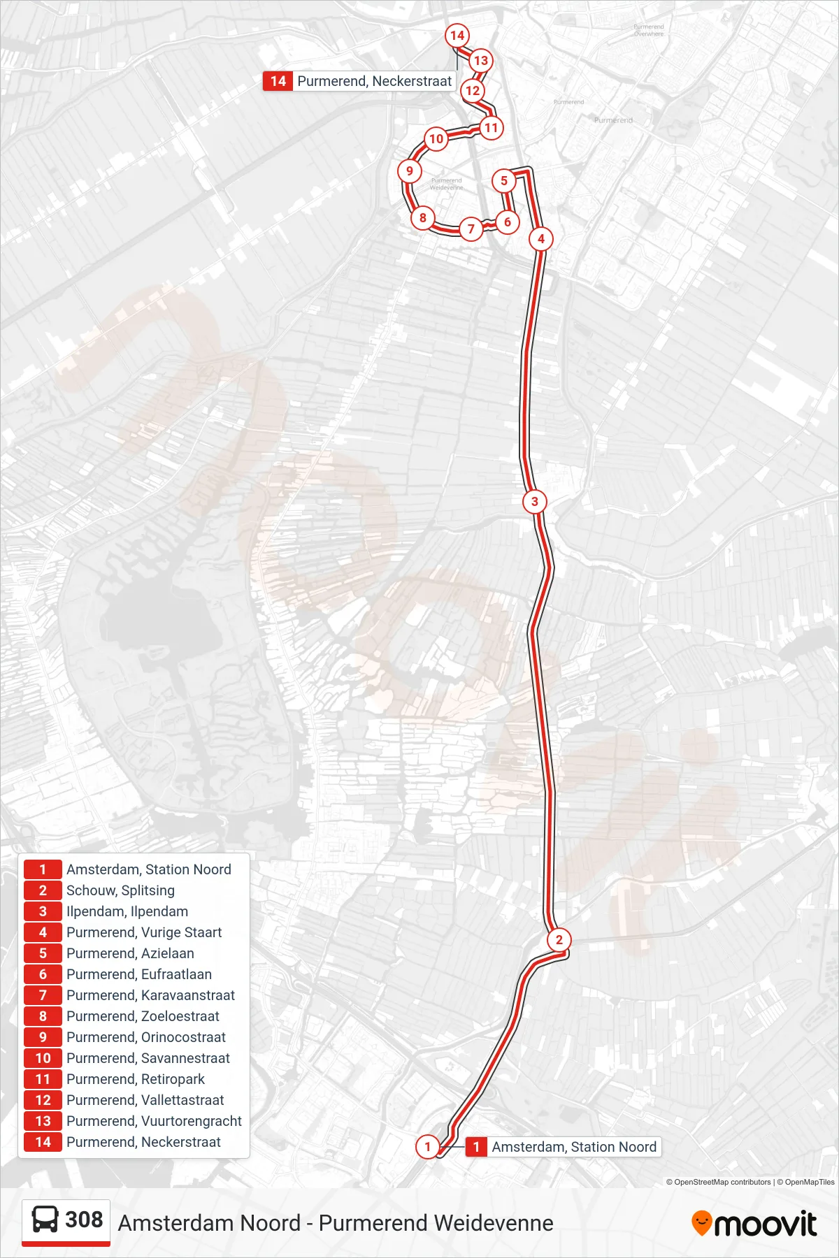 308 bus Line (Purmerend Weidevenne) route and stops on a map