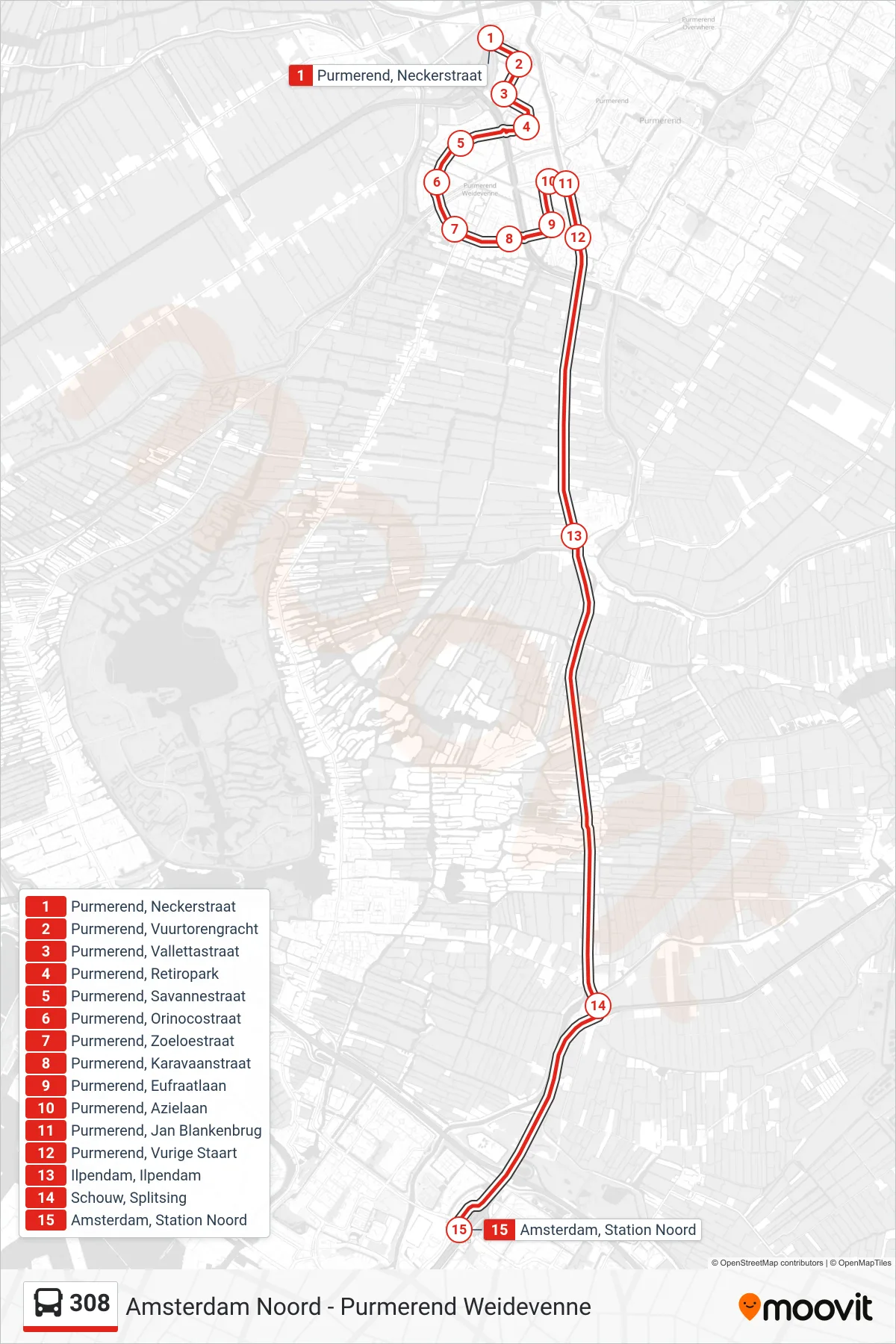 Lijn 308 (bus, Amsterdam Noord): route en haltes op de kaart