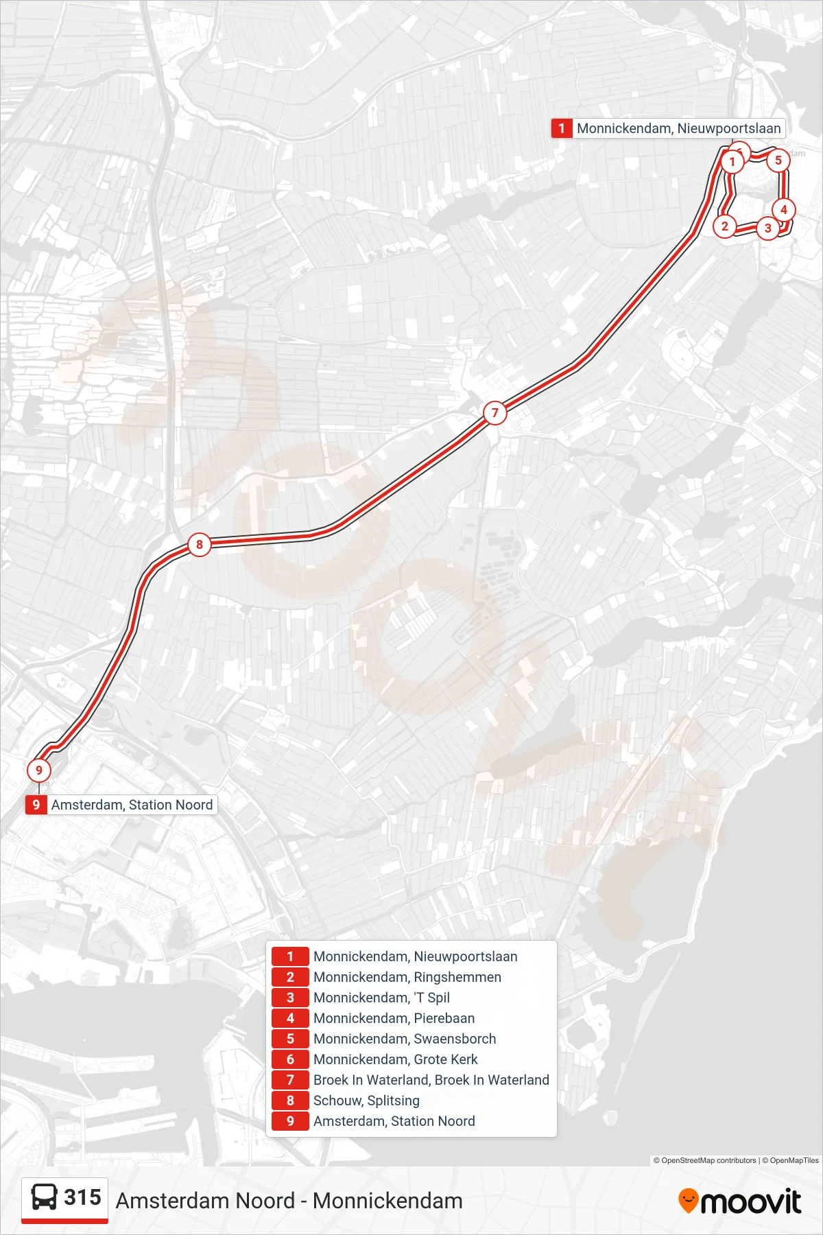 Lijn 315 (bus, Amsterdam Noord): route en haltes op de kaart