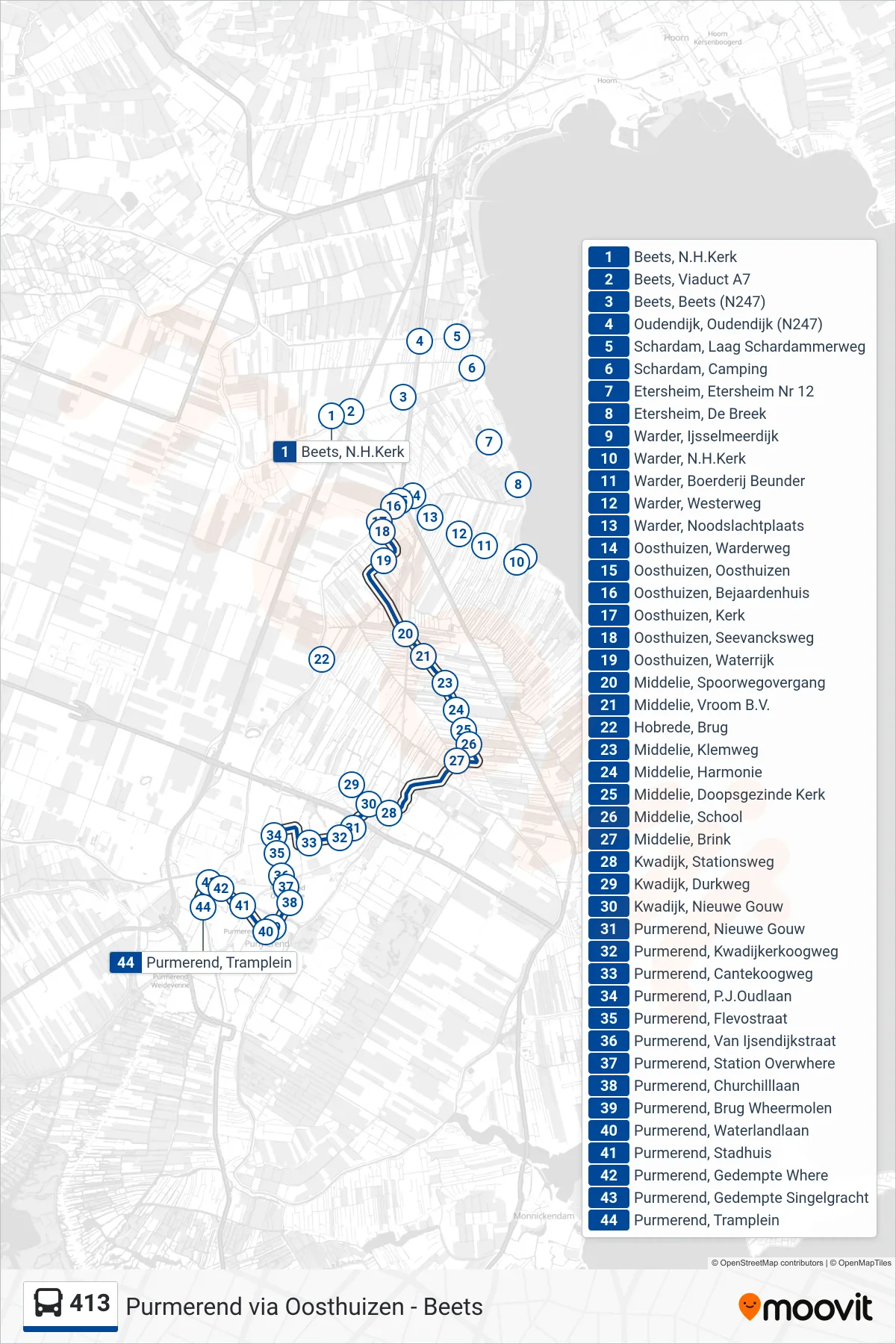 Lijn 413 (bus, Purmerend): route en haltes op de kaart