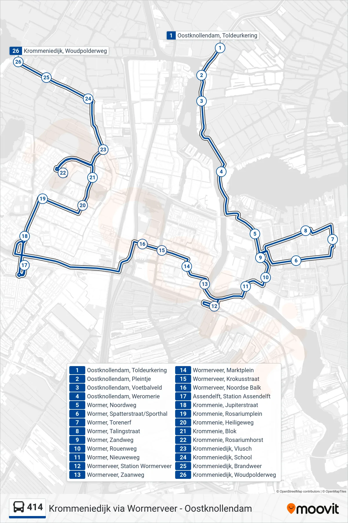 Lijn 414 (bus, Krommeniedijk): route en haltes op de kaart