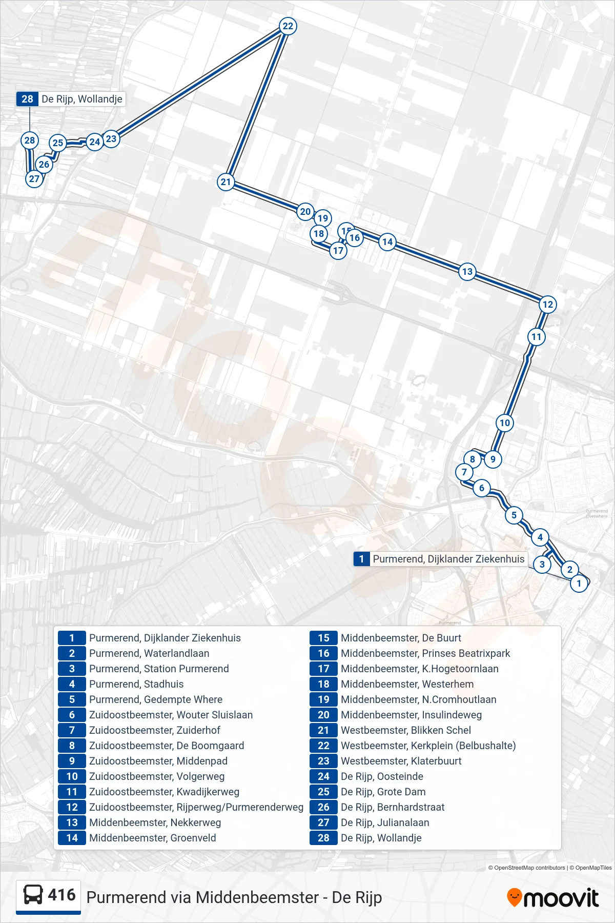 Lijn 416 (bus, De Rijp): route en haltes op de kaart