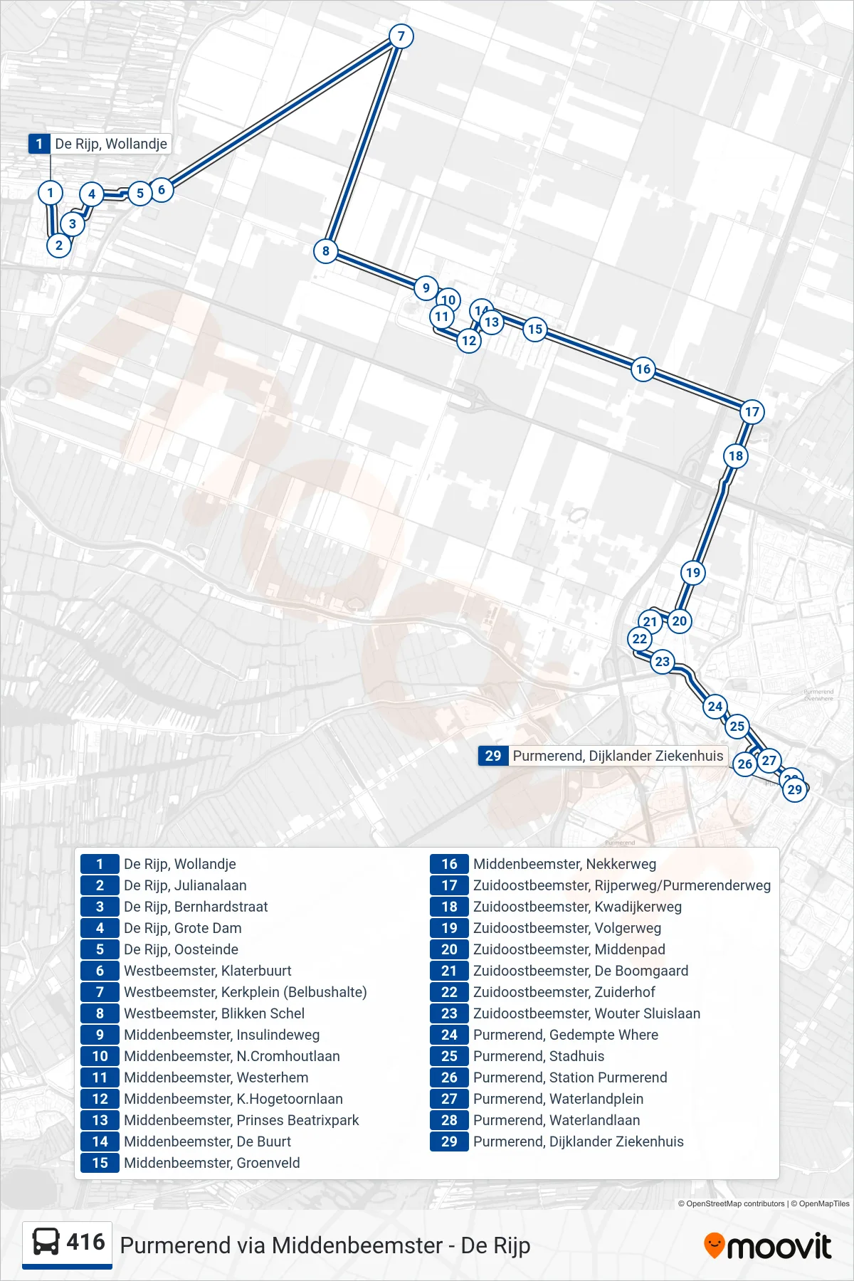 Lijn 416 (bus, Purmerend): route en haltes op de kaart