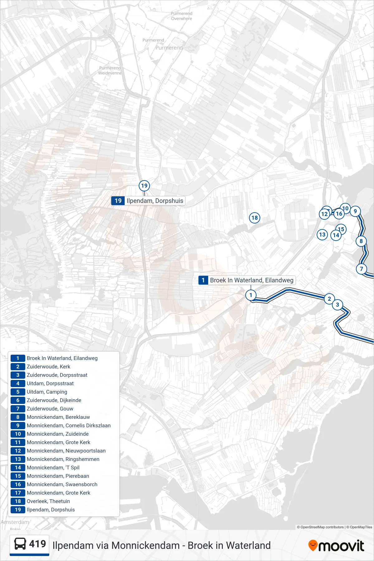 Lijn 419 (bus, Monnickendam): route en haltes op de kaart