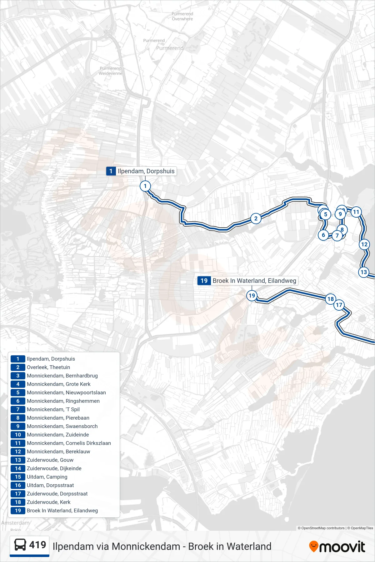 419 bus Line (Uitdam) route and stops on a map