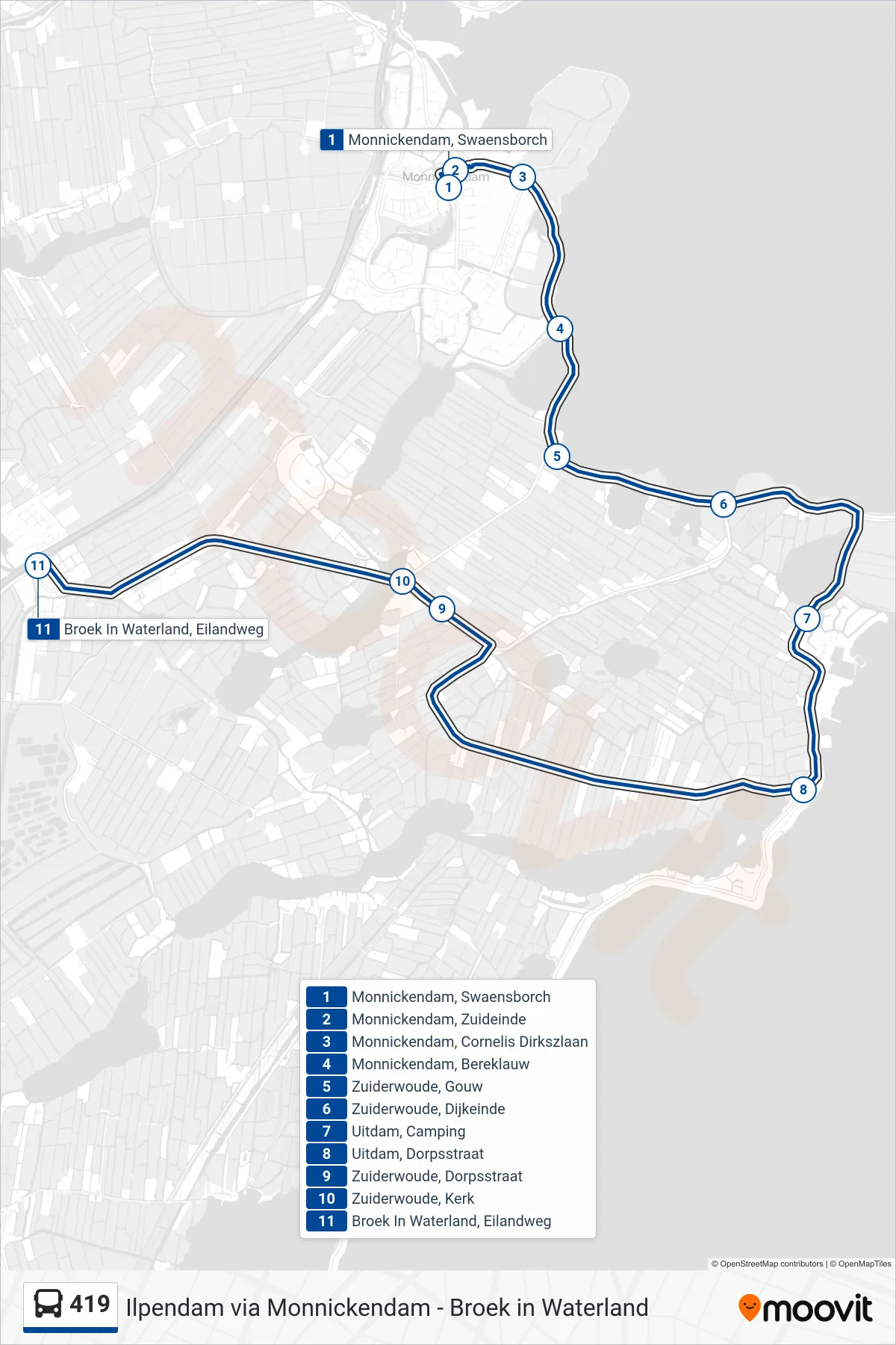 419 bus Line (Broek In Waterland) route and stops on a map