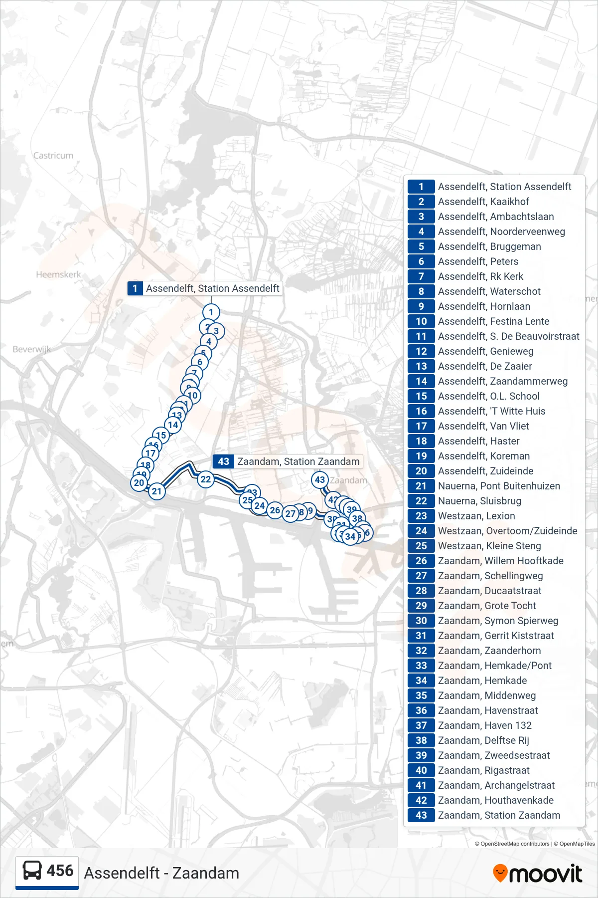 Lijn 456 (bus, Zaandam Station): route en haltes op de kaart