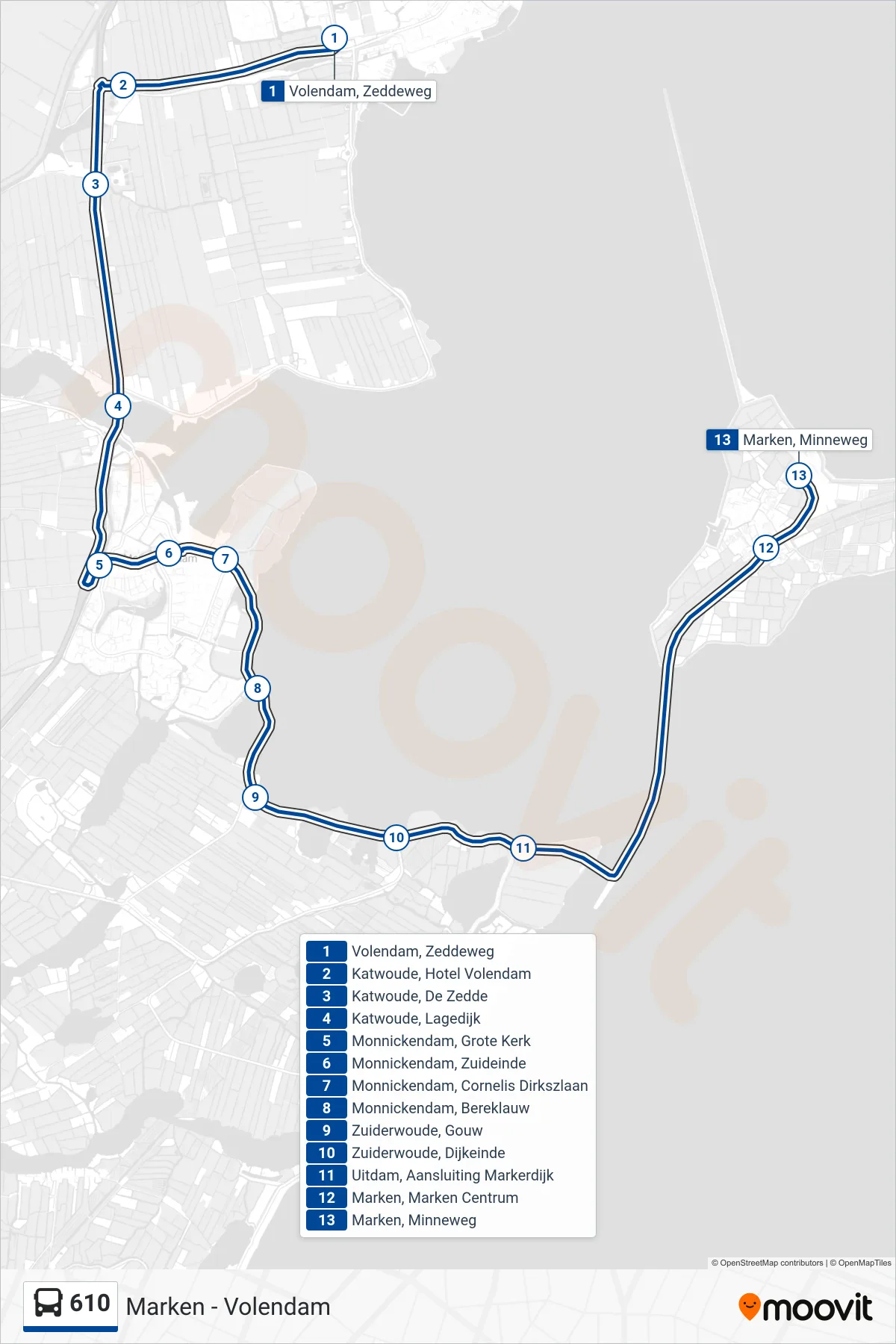Lijn 610 (bus, Marken): route en haltes op de kaart