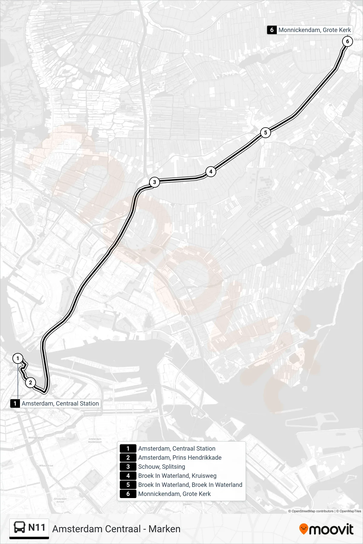 Lijn N11 (bus, Monnickendam): route en haltes op de kaart