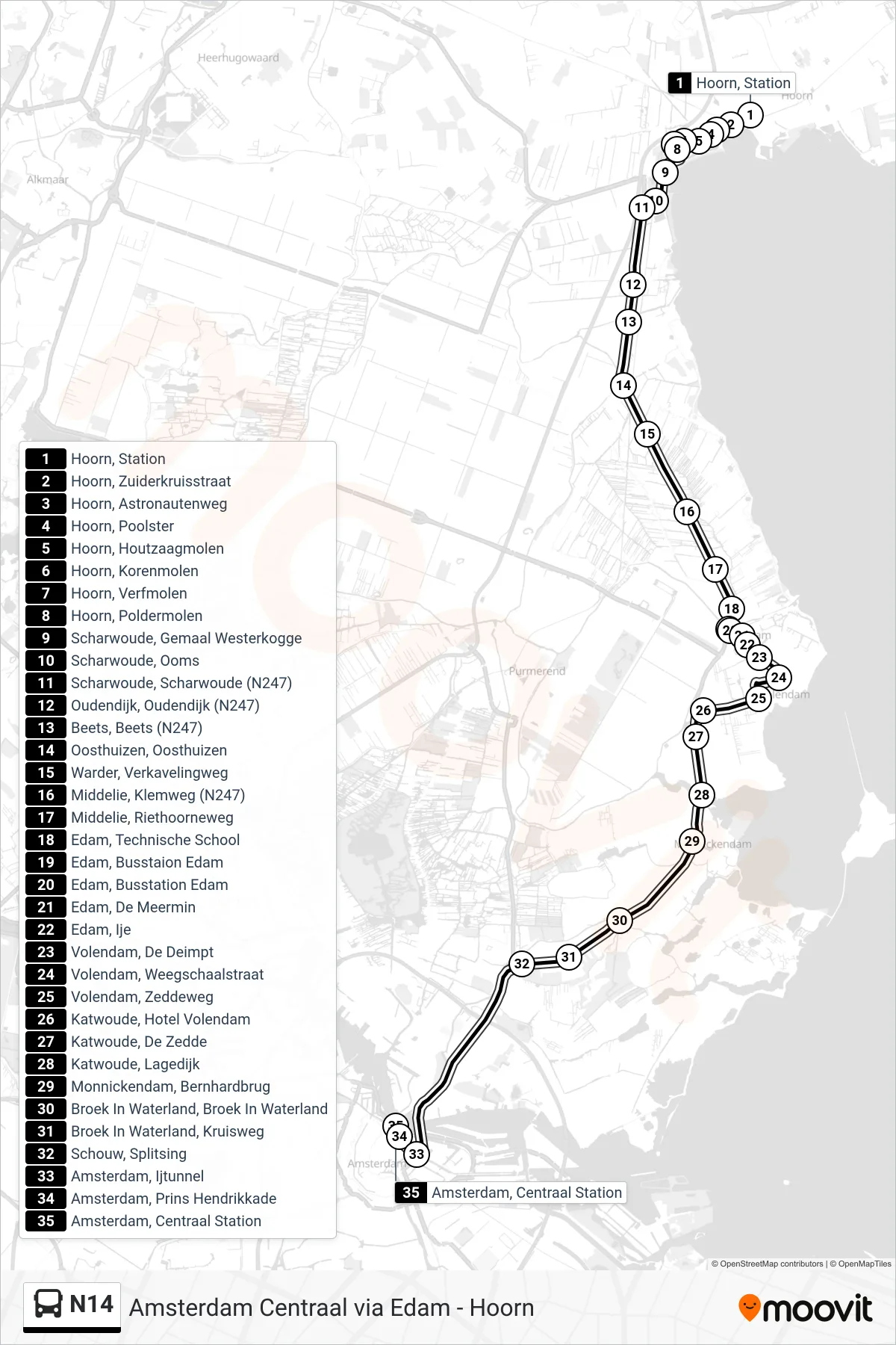 Lijn N14 (bus, Amsterdam Centraal): route en haltes op de kaart