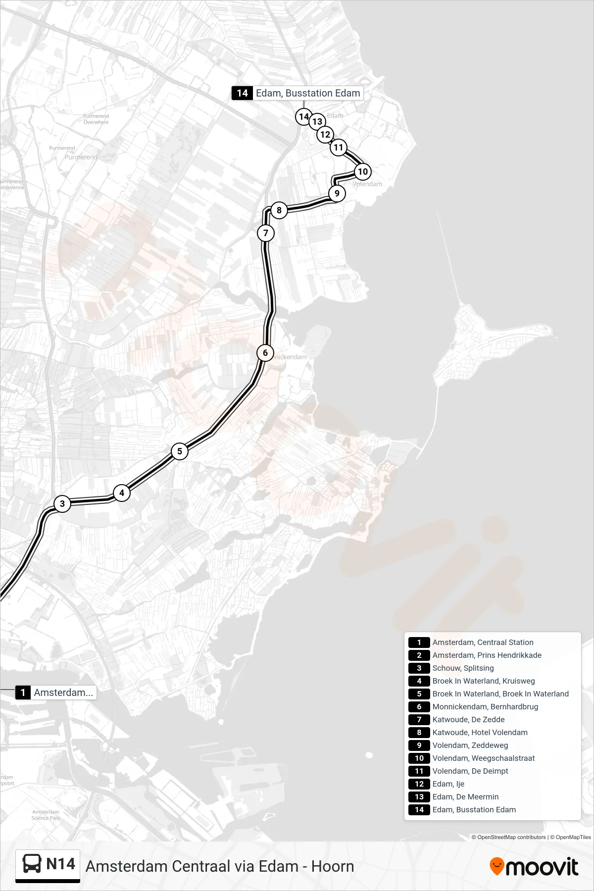Lijn N14 (bus, Volendam-Edam): route en haltes op de kaart