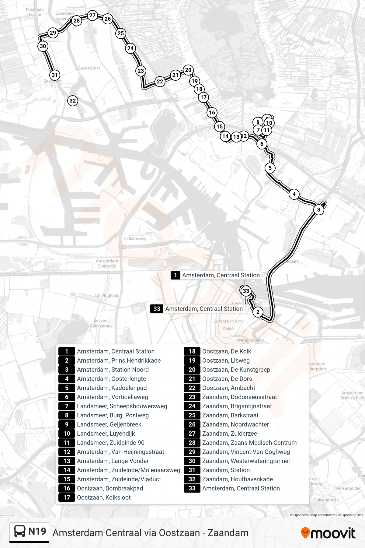 Lijn N19 (bus, Zaandam): route en haltes op de kaart
