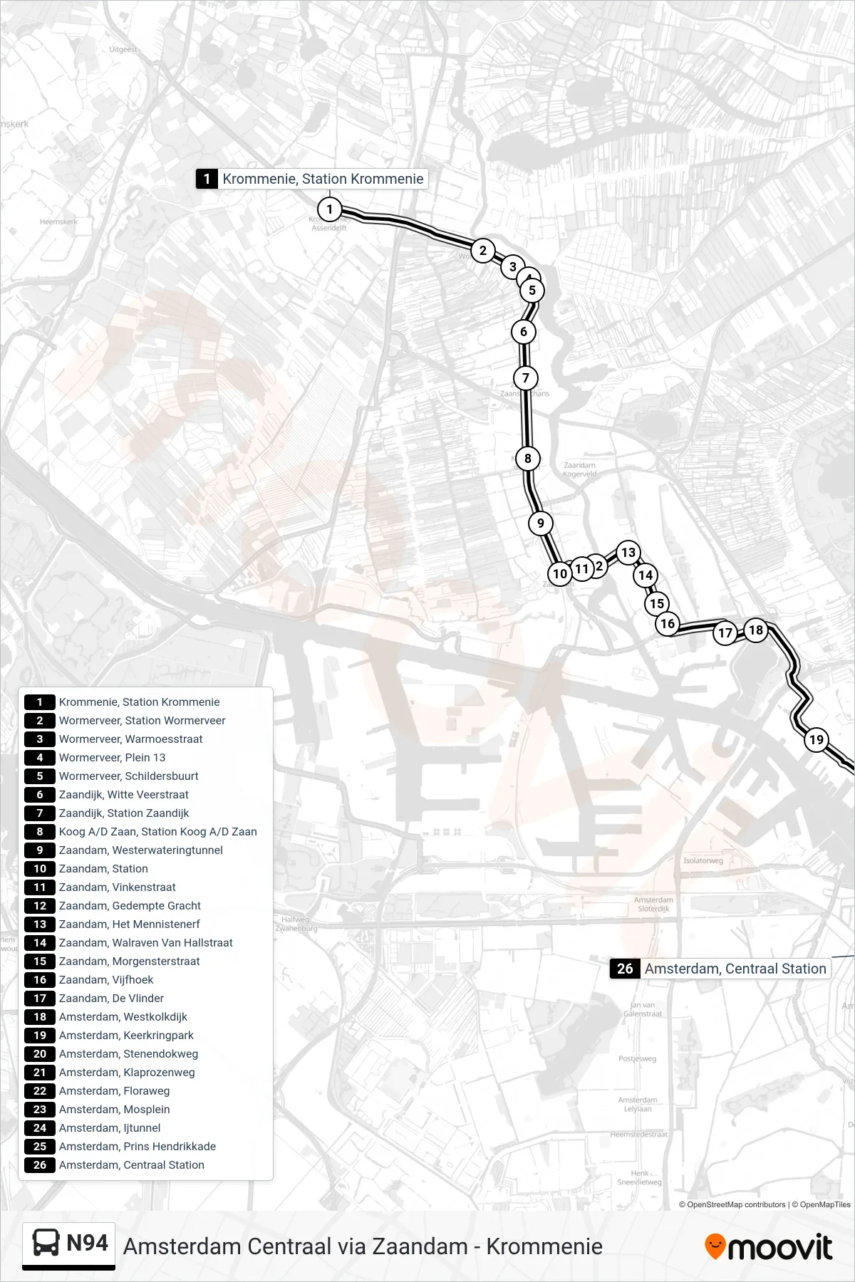 N94 bus Line (Amsterdam Centraal) route and stops on a map