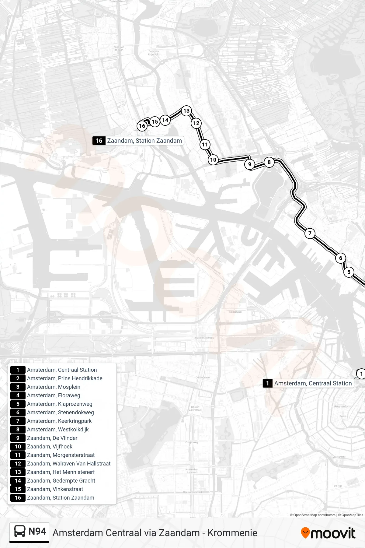Lijn N94 (bus, Zaandam Station): route en haltes op de kaart