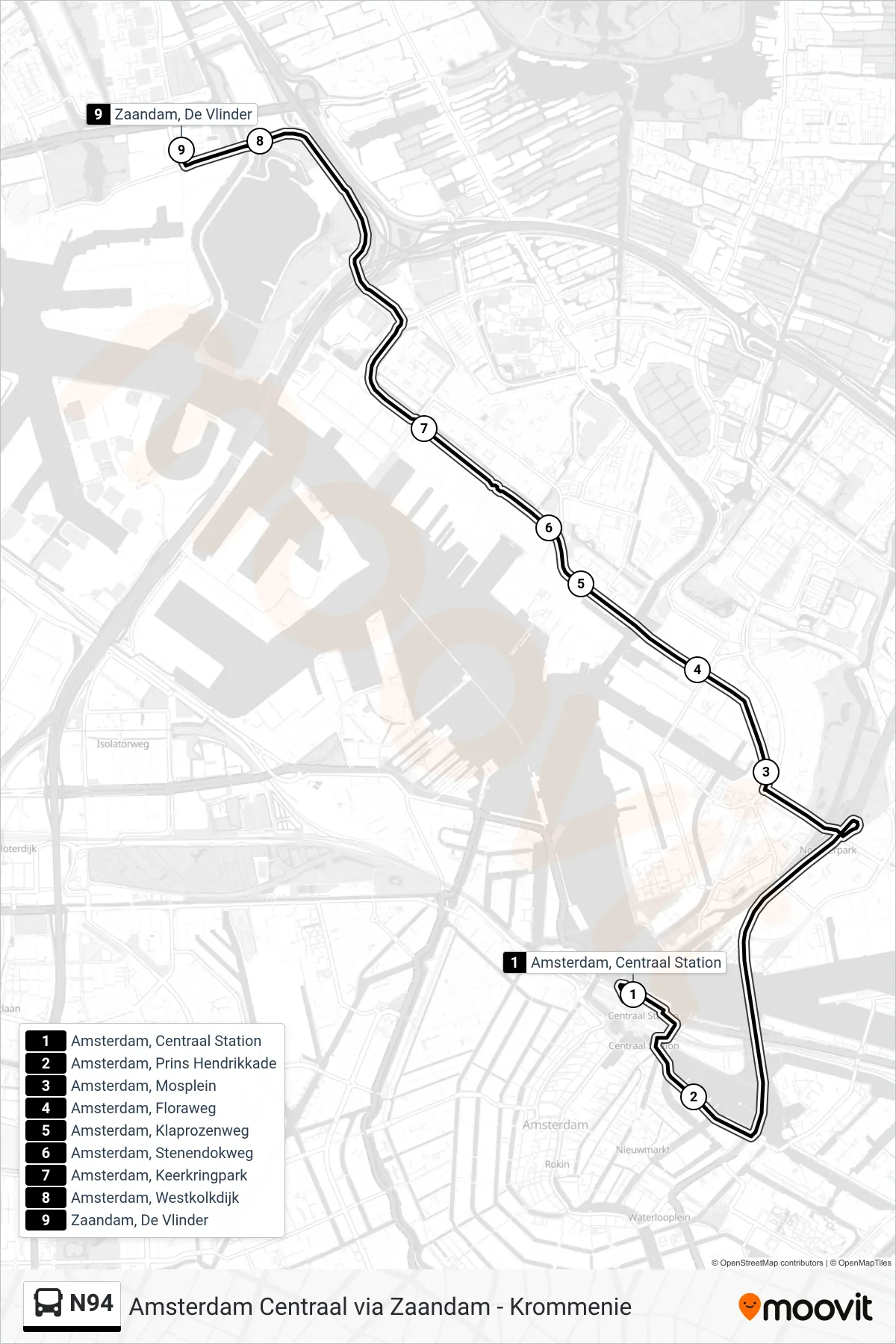 Lijn N94 (bus, Zaandam): route en haltes op de kaart