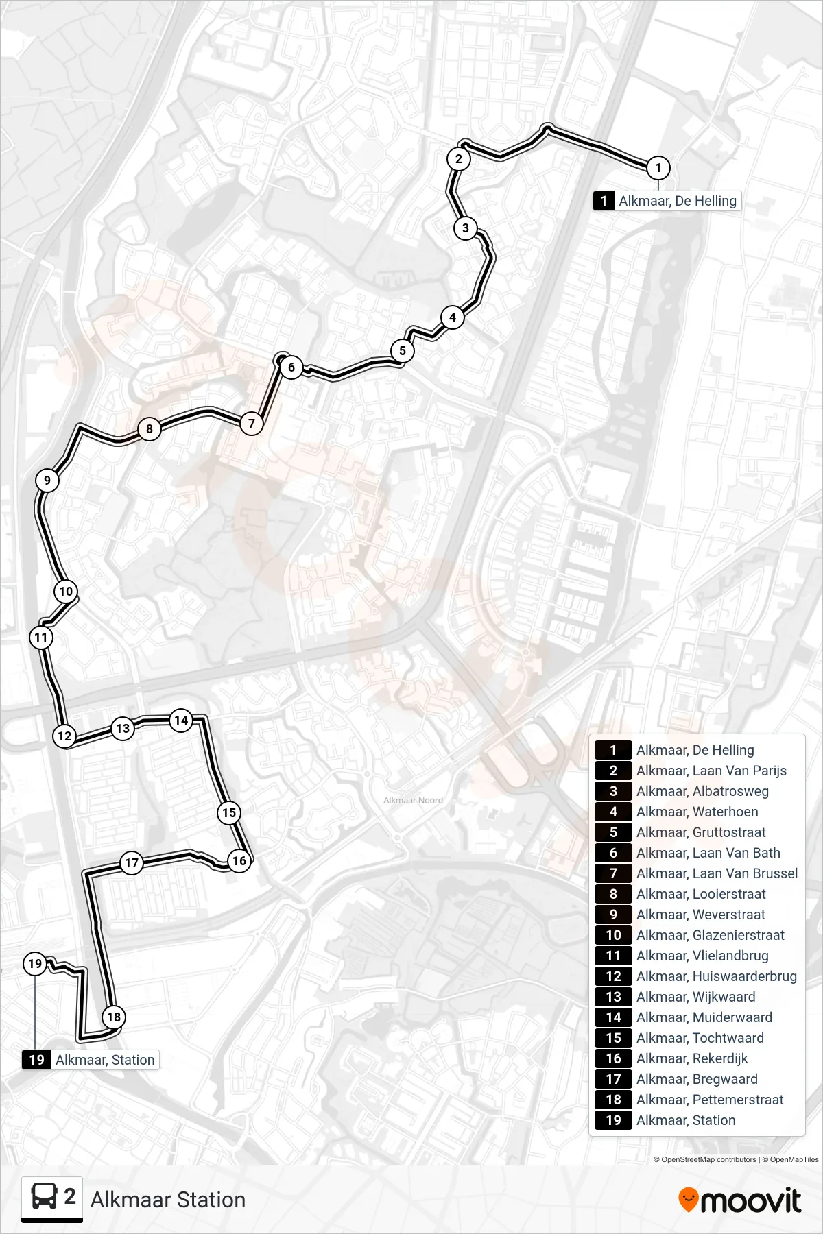 Lijn 2 (bus, Alkmaar Station): route en haltes op de kaart