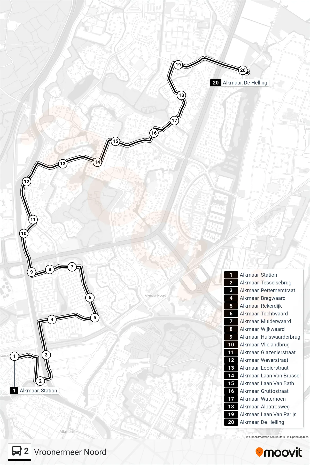 Lijn 2 (bus, Vroonermeer Noord): route en haltes op de kaart