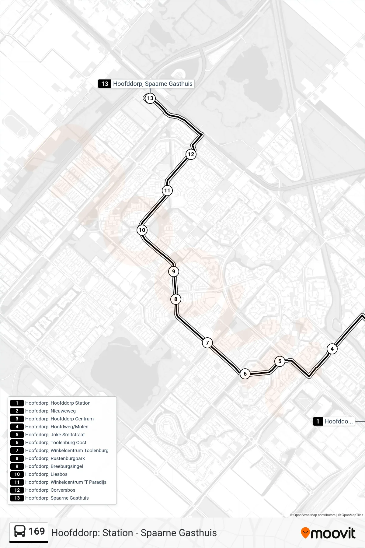 Lijn 169 (bus, Hoofddorp Spaarne Gasthuis): route en haltes op de kaart