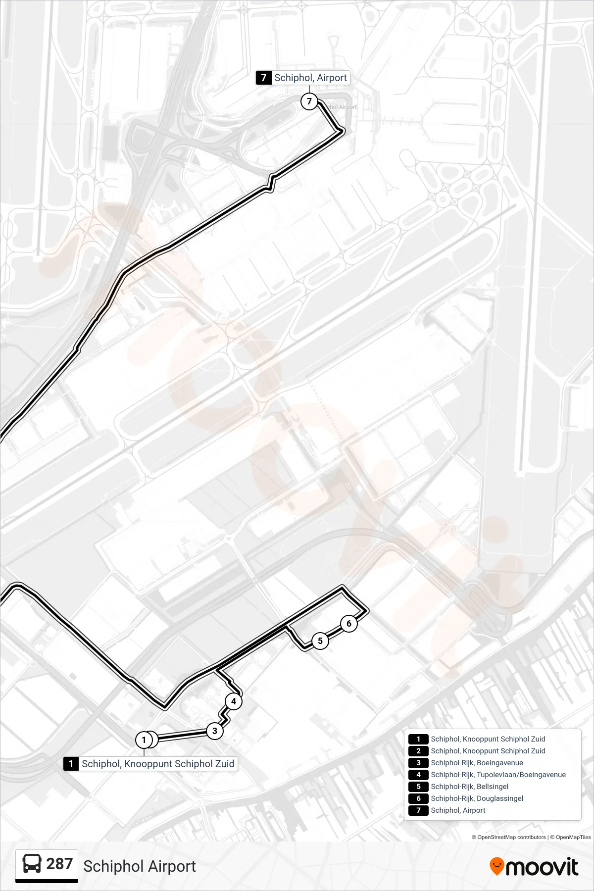 287 bus Line (Schiphol Airport) route and stops on a map