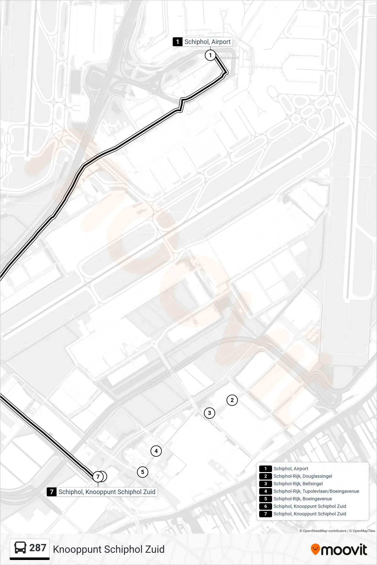 Lijn 287 (bus, Knooppunt Schiphol Zuid): route en haltes op de kaart