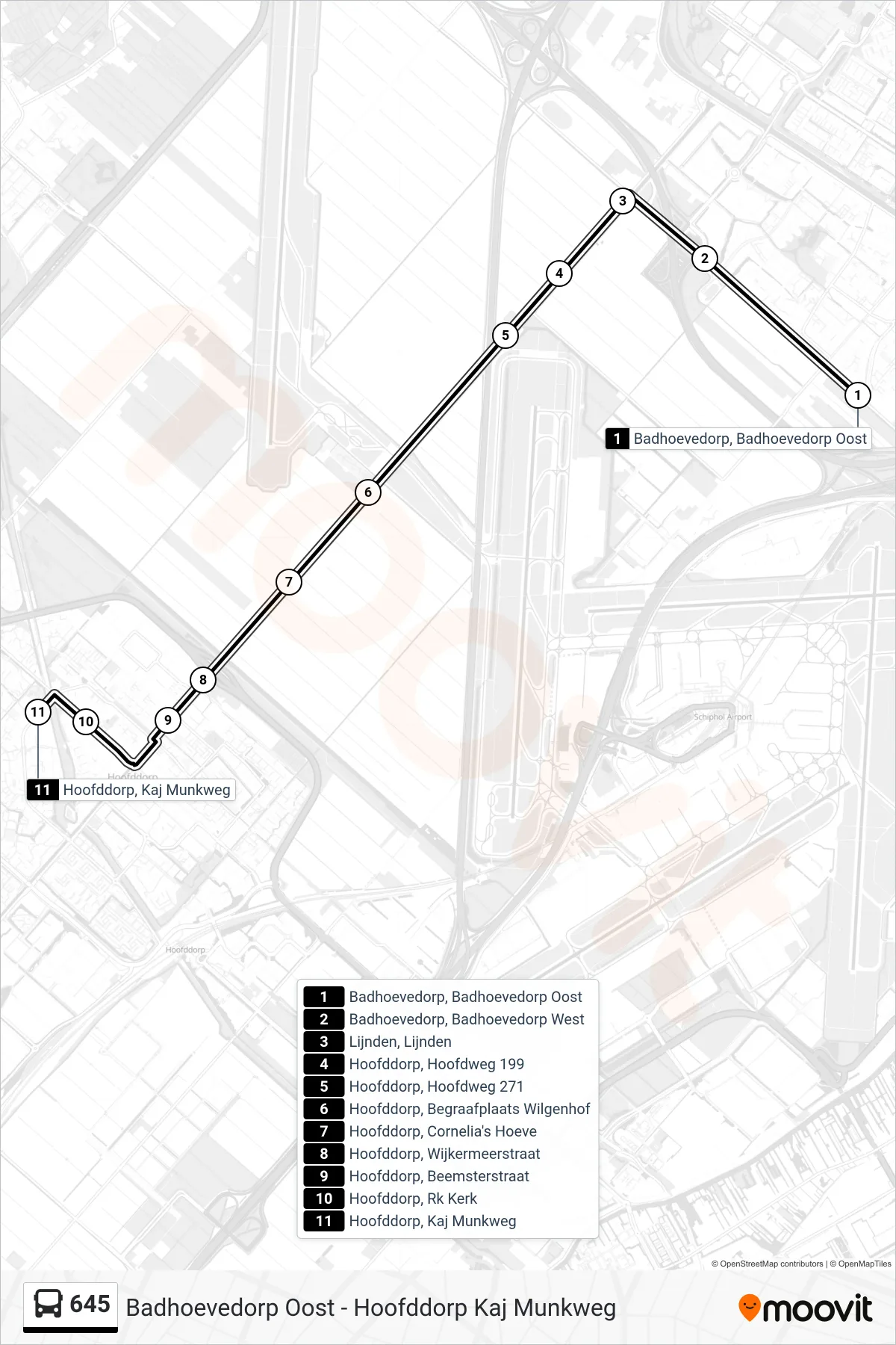 Lijn 645 (bus, Hoofddorp Kaj Munkweg): route en haltes op de kaart