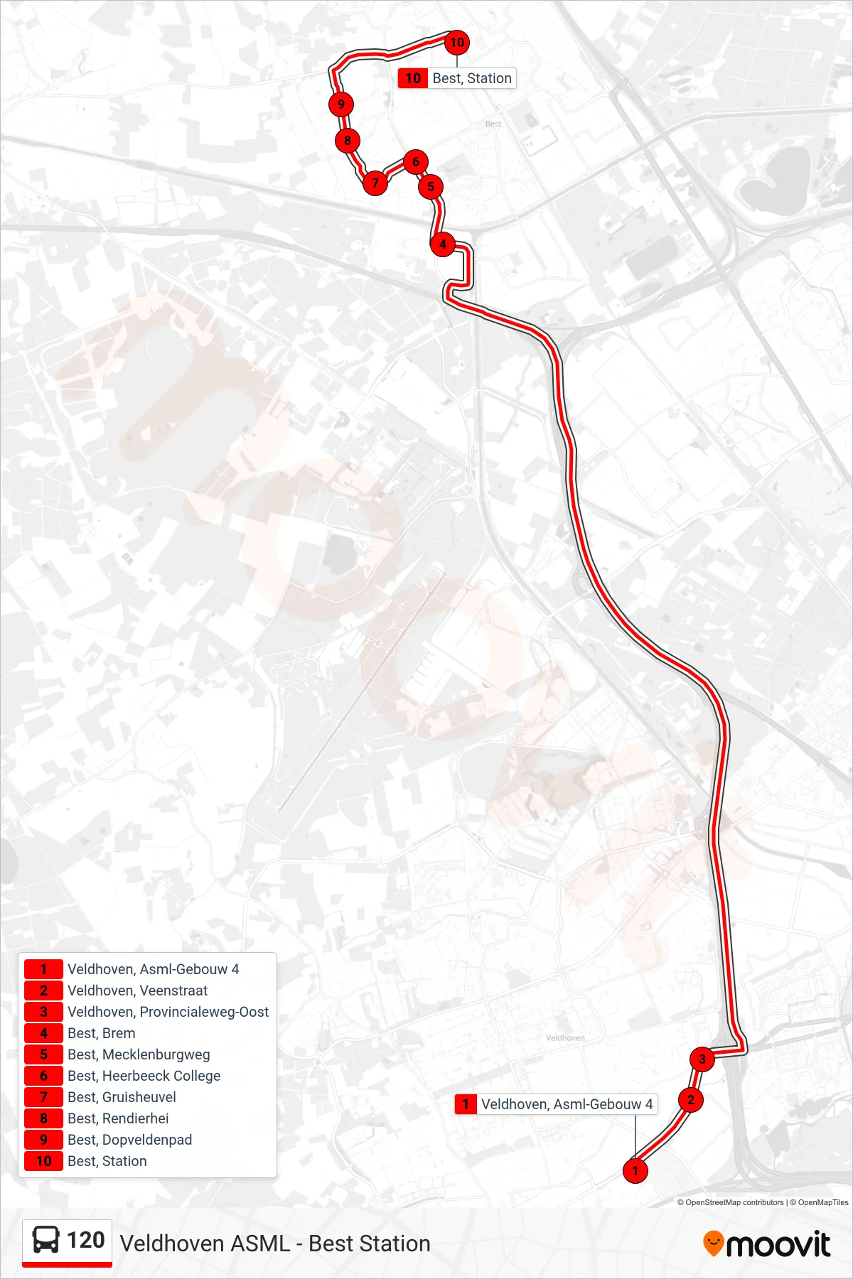 Lijn 120 (bus, Best Station): route en haltes op de kaart