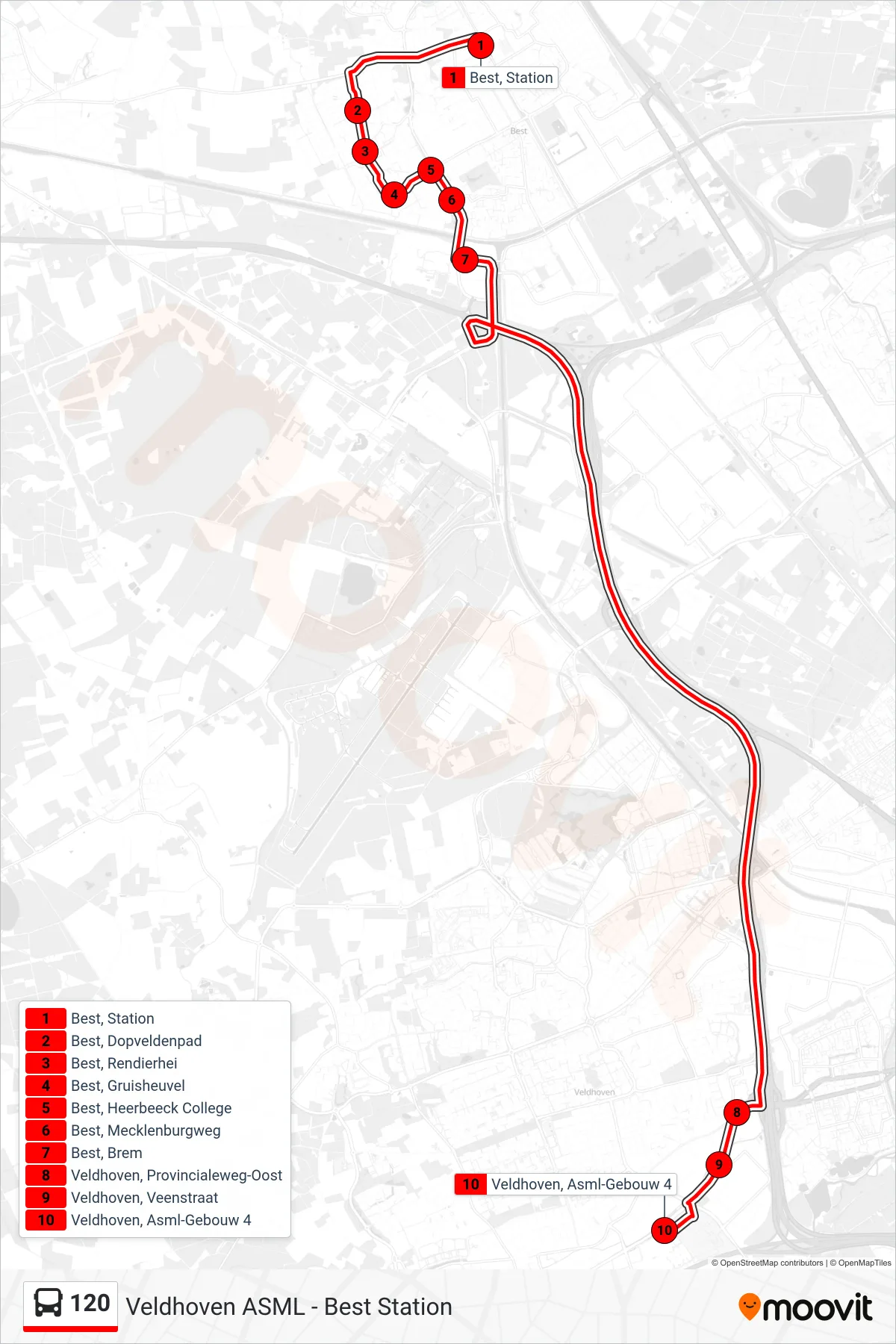 Lijn 120 (bus, Veldhoven Asml-Gebouw 4): route en haltes op de kaart