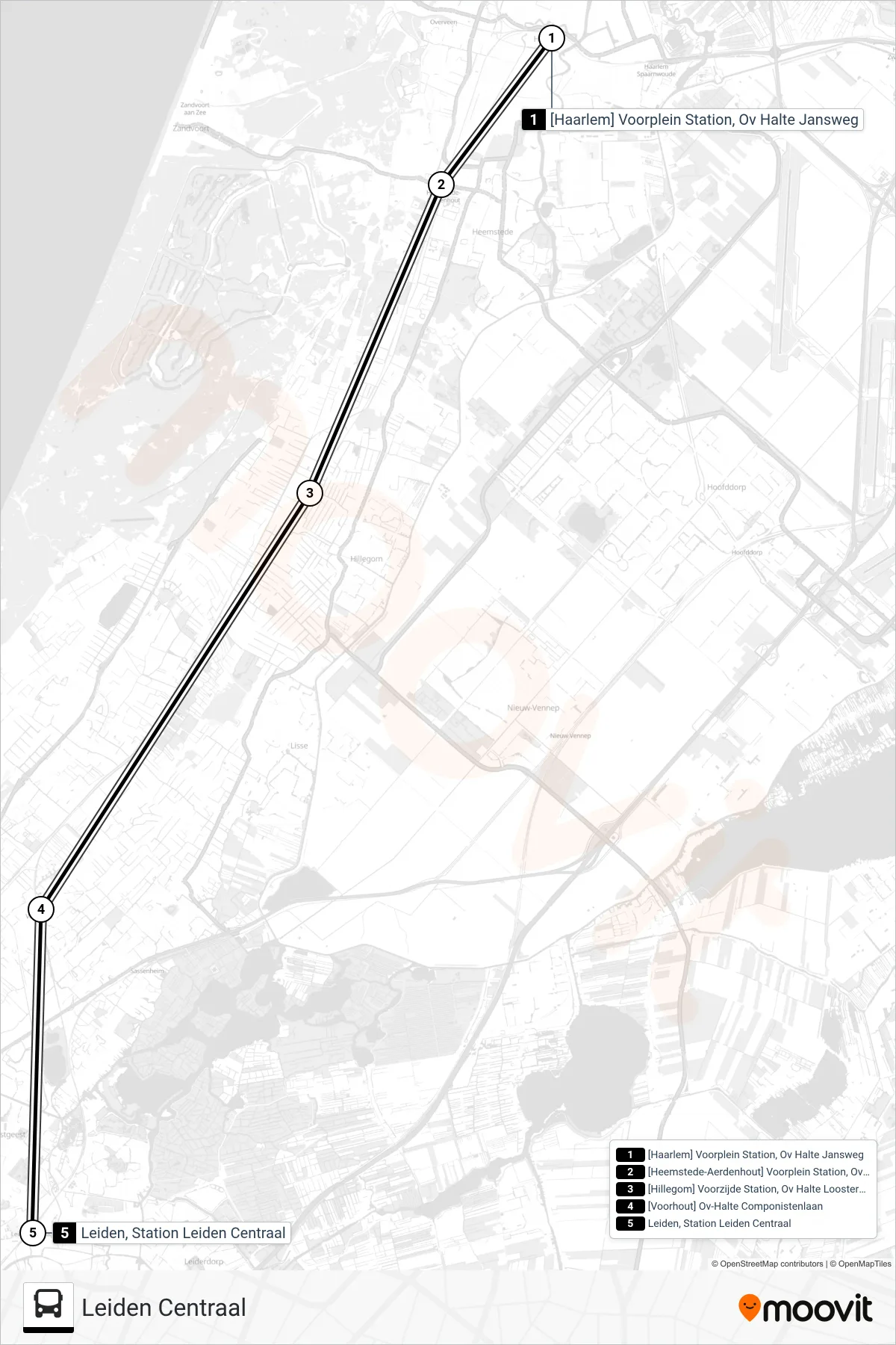 STOPBUS IPV TREIN bus Line (Leiden Centraal) route and stops on a map
