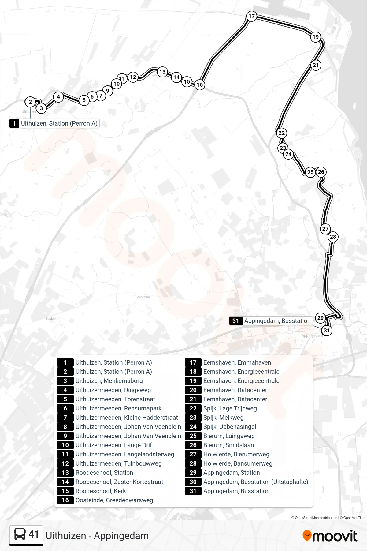 Lijn 41 (bus, Appingedam): route en haltes op de kaart