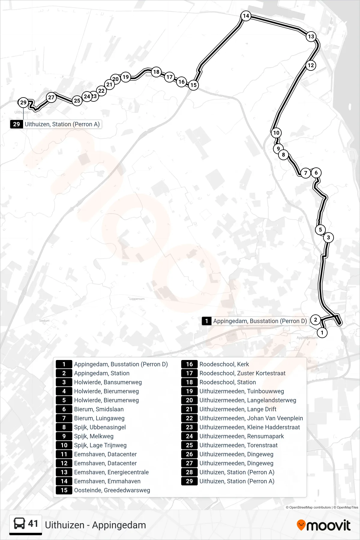 41 bus Line (Uithuizen) route and stops on a map
