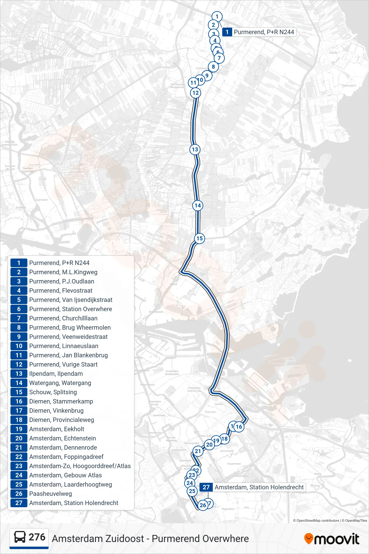 Lijn 276 (bus, Amsterdam Zuidoost): route en haltes op de kaart
