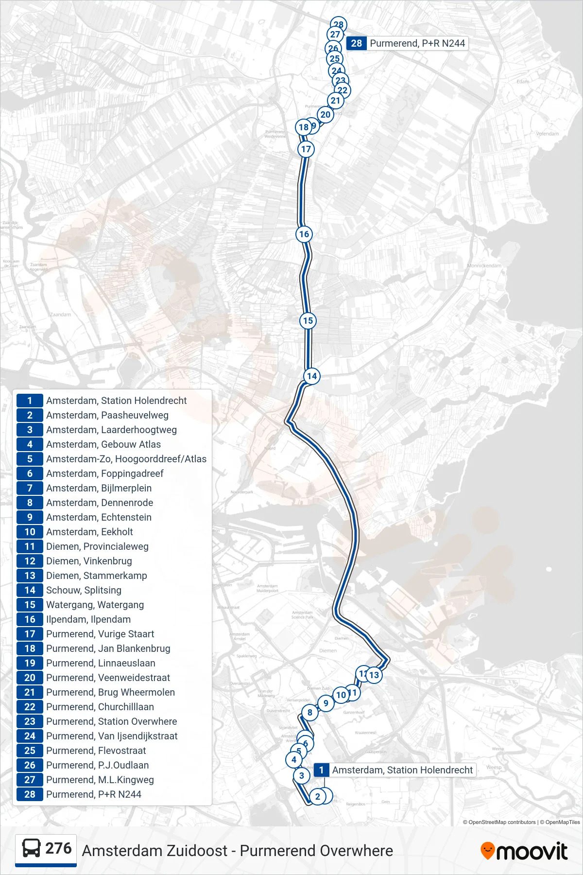 Lijn 276 (bus, Purmerend Overwhere): route en haltes op de kaart