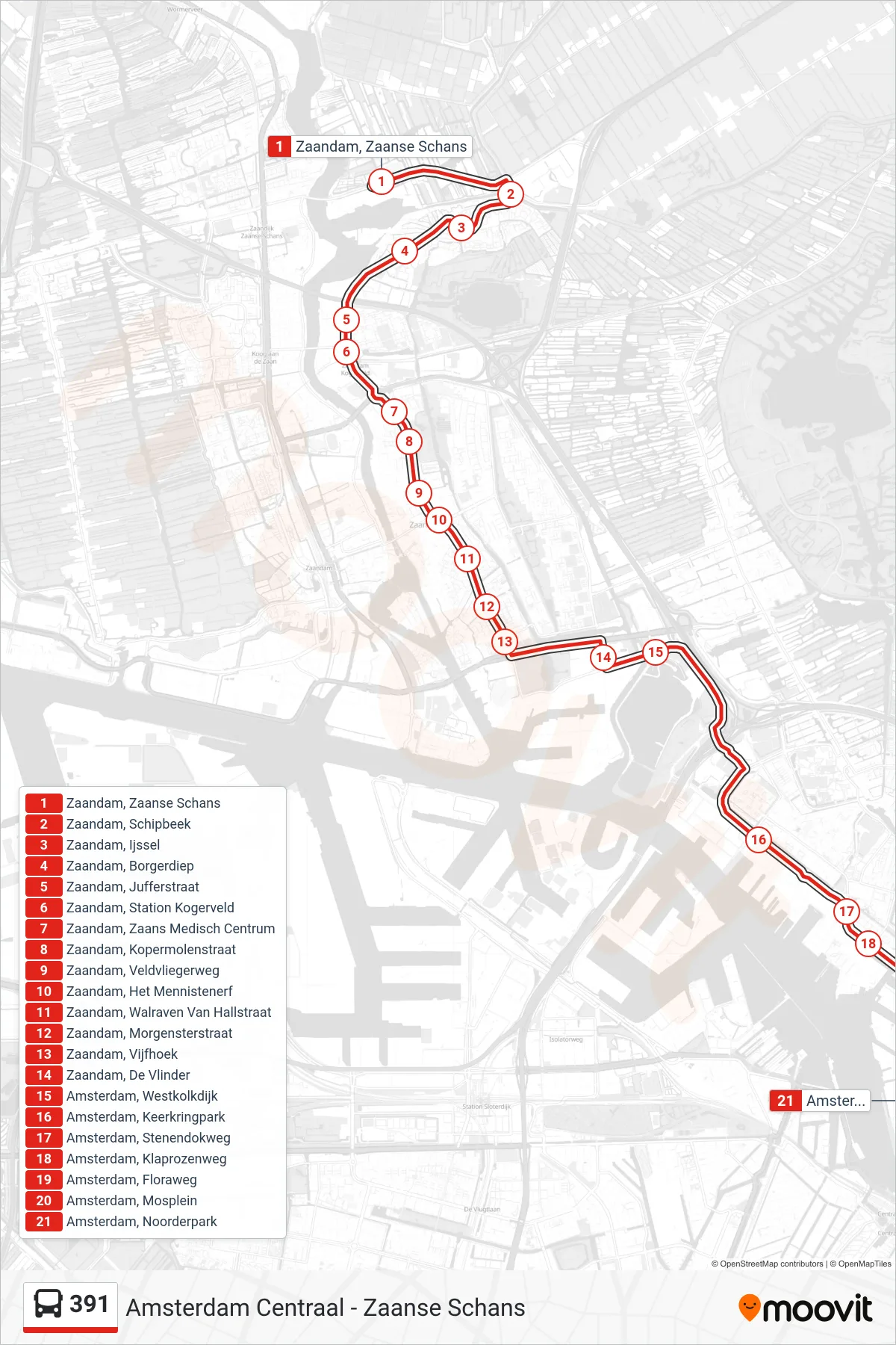 Lijn 391 (bus, Amsterdam Noorderpark): route en haltes op de kaart