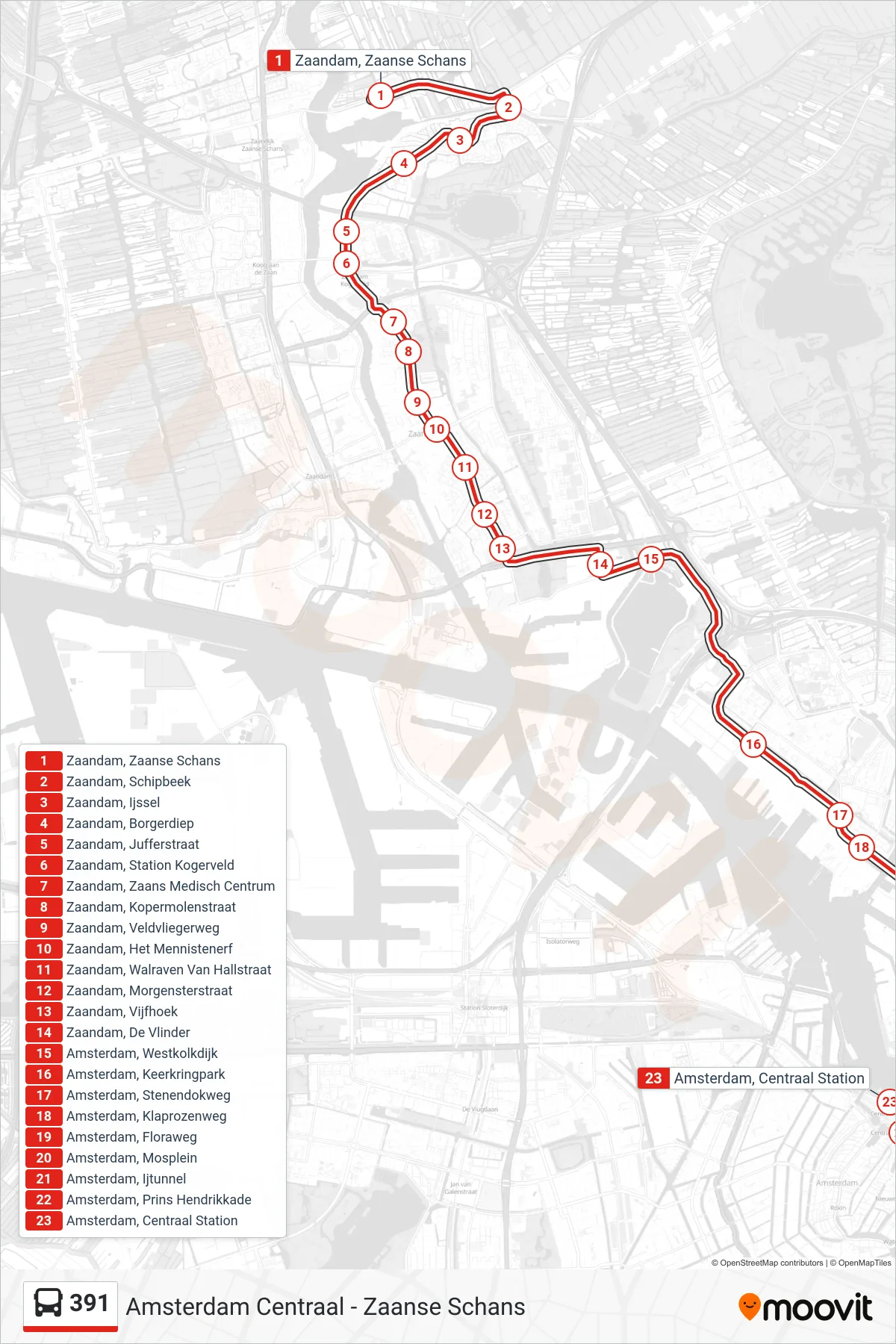 Lijn 391 (bus, Amsterdam Centraal): route en haltes op de kaart