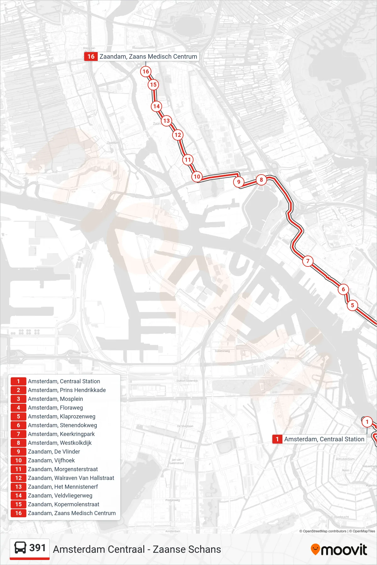 Lijn 391 (bus, Zaandam Zmc): route en haltes op de kaart