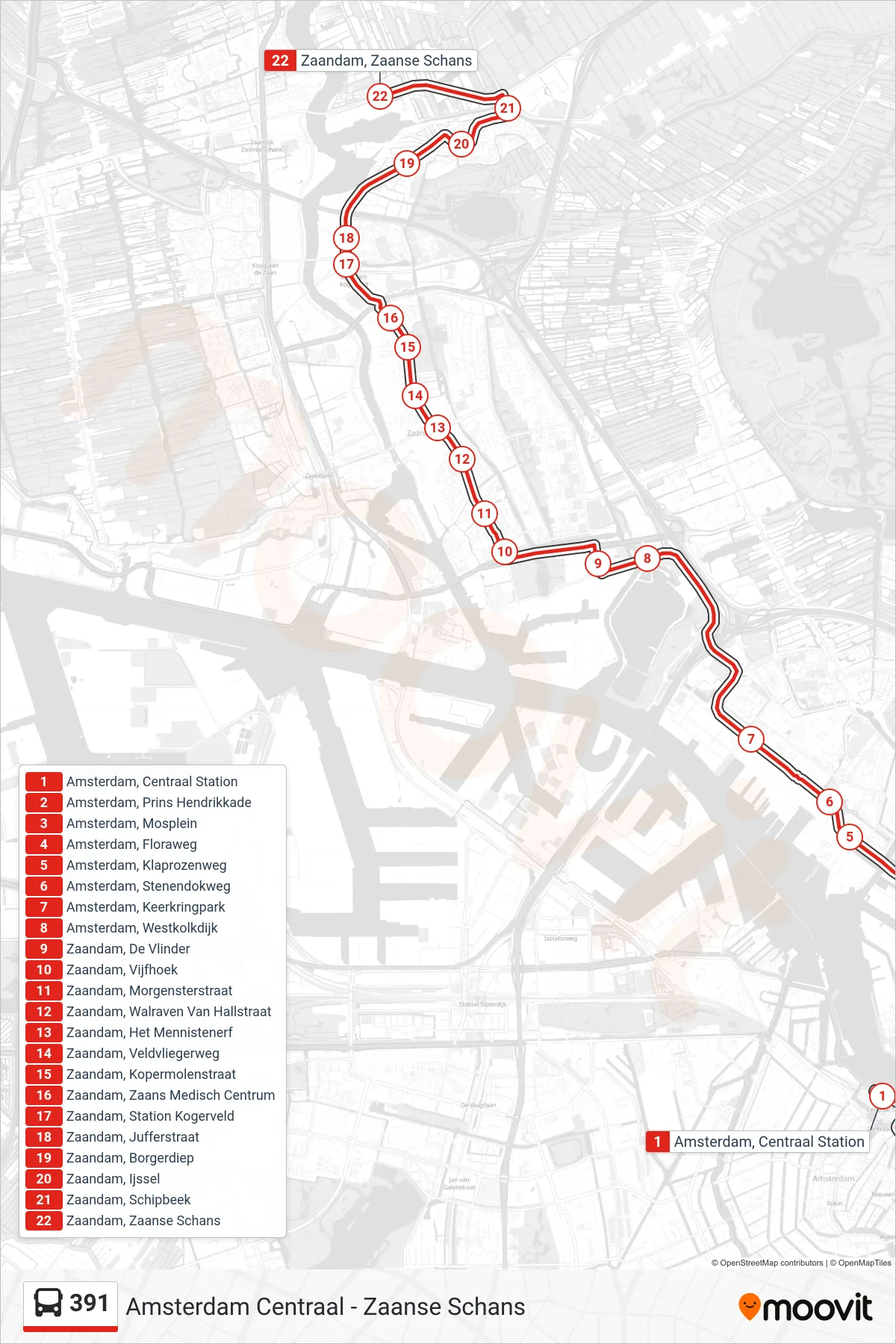 Lijn 391 (bus, Zaanse Schans): route en haltes op de kaart