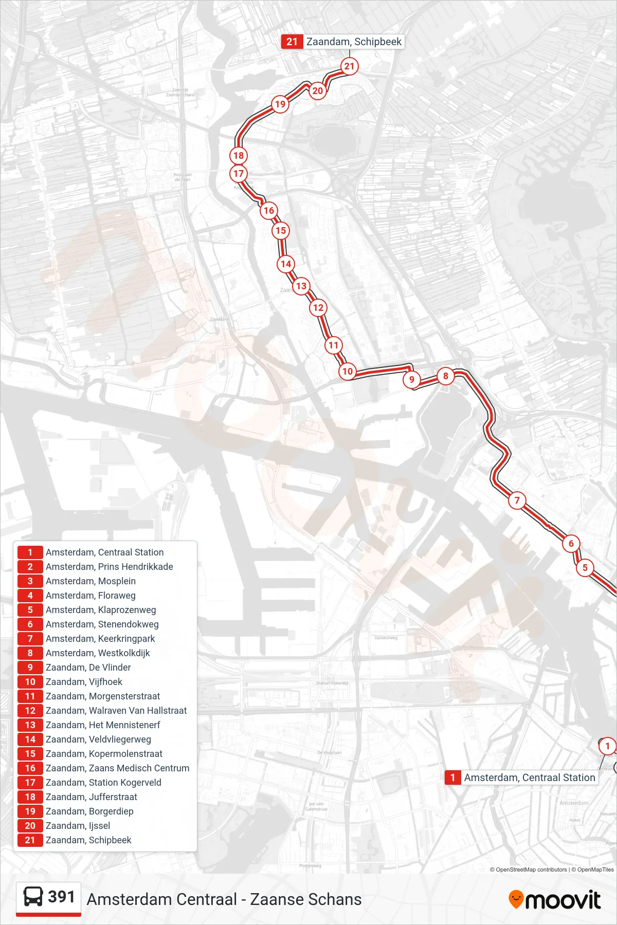 391 bus Line (Zaandam 'T Kalf) route and stops on a map