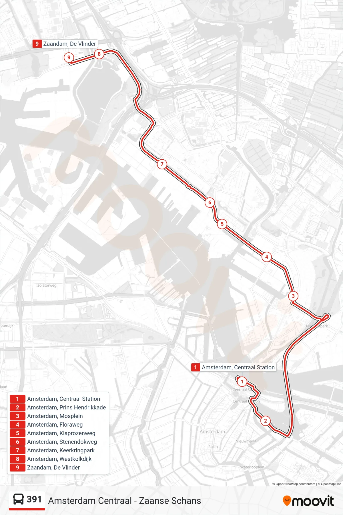 Lijn 391 (bus, Zaandam): route en haltes op de kaart