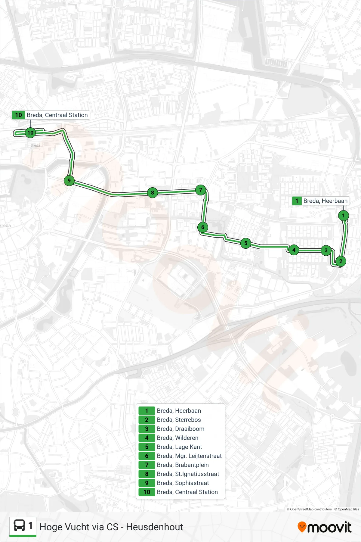 Lijn 1 (bus, Centraal Station): route en haltes op de kaart