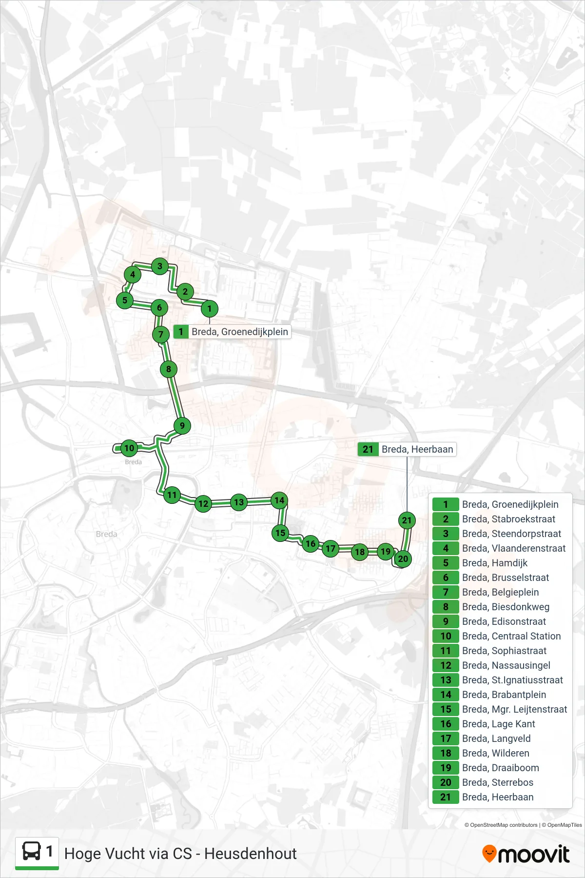 Lijn 1 (bus, Heusdenhout): route en haltes op de kaart