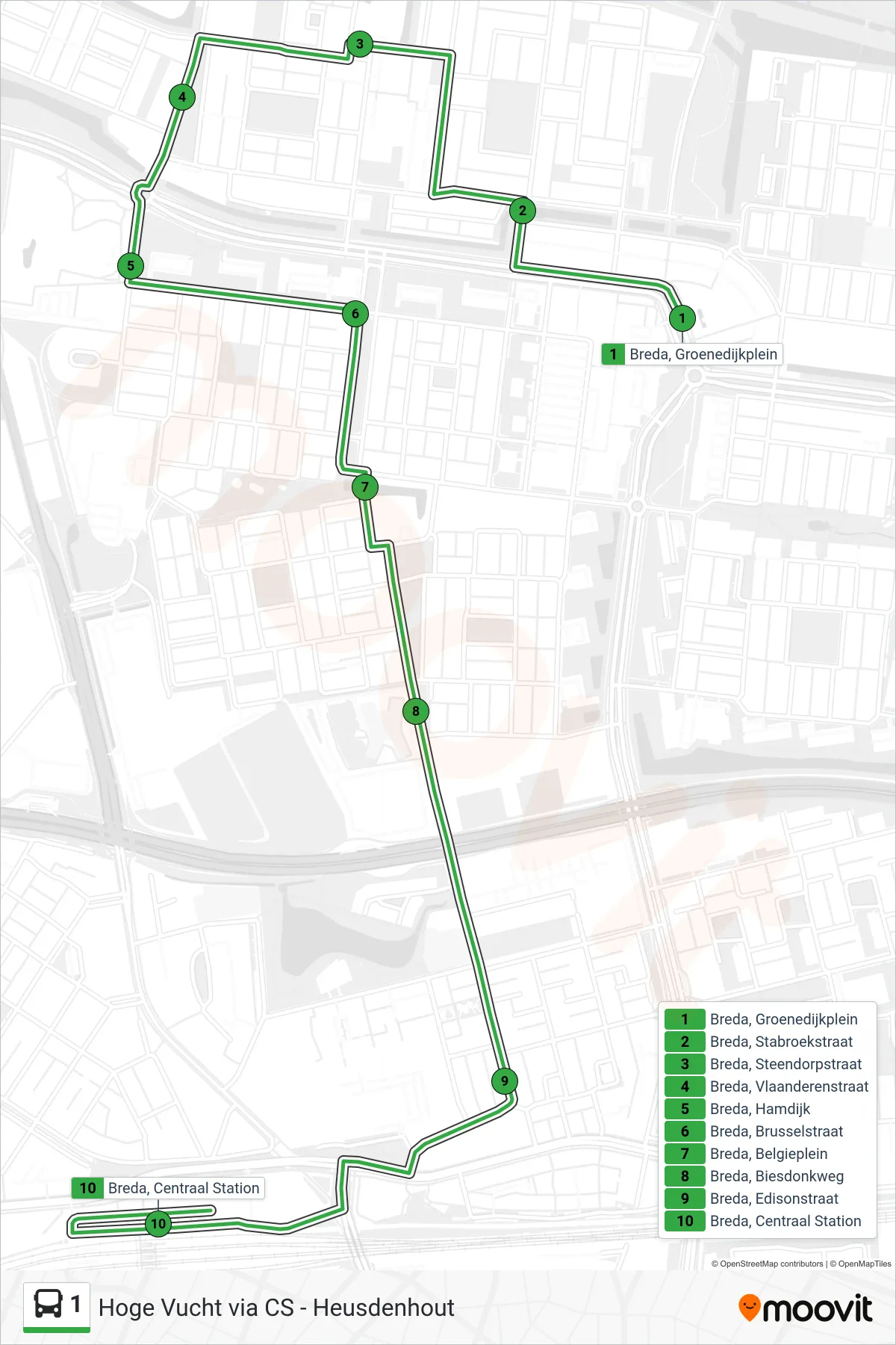 Lijn 1 (bus, Centraal Station): route en haltes op de kaart